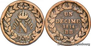 S5619 Rare France 1 Décime à l&#039;N couronnée 1814 BB Palet de Jeu - Faire Offre