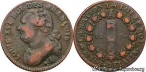S5663 Rare France Constitution 12 Deniers Louis 16 1791 Couvent Barnabites An 3
