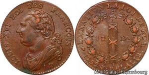 S5673 Rare Constitution 12 Deniers Louis XVI 1792 D Lyon An 4/3 François SPL