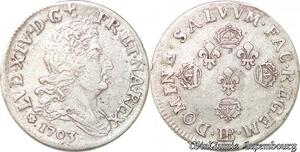 S5877 Rare 11 Sols Louis XIV quatre couronnes 1703 BB Strasbourg Argent SUP