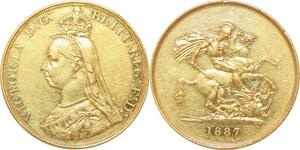 AA589 Rare UK Sovereign 5 Pounds Victoria Jubilee 1887 London Or Gold AU