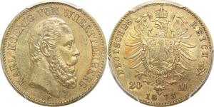AA622 Rare Germany Wurttemberg 20 Mark Karl 1873 F Or Gold PCGS AU50 &gt; Offer