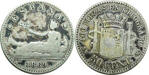 O8007 Scarce Spain 50 Centimos 1869 69 SN M Madrid Silver ->M offer