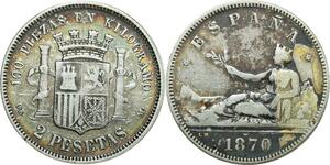 O8008 Spain 2 Pesetas 1870 74 M Madrid Silver ->Make offer