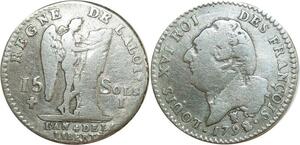 O8326 Rare France Constitution variété 15 Sols Louis XVI An 4 1792 Double 2 Limoges 2nd s.