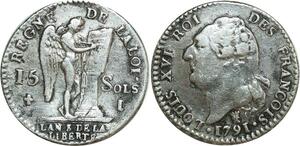O8327 France Constitution 15 Sols François An 3 1791 I Limoges 2eme s. argent