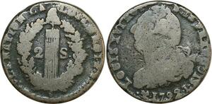 O8332 Rare France Constitution 2 sols Louis XVI Faisceau François An 4 1792 L Bayonne