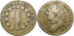 O8343 Rare France Constitution 2 Sols Louis XVI An 4 Francais 1792 BB Strasbourg