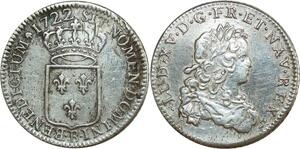 O8429 Rare France R3 1/3 Ecu de France Louis XV 1722 B Rouen fn Argent TTB
