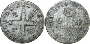 O8464 Rare France 30 Deniers Mousquetaire Louis XIV 1710 D Lyon TTB+