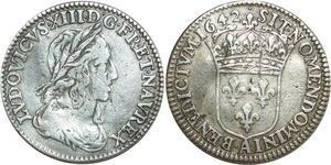 O8478 France Rare 1/12 Ecu Louis XIII 2eme p Warin 1642 Point Argent TTB