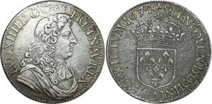 O8492 Rare France 1/2 Ecu Louis XIV cravate 1674 A Paris Superbe portrait Argent