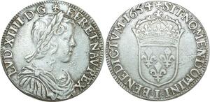 O8493 Rare France R4 1/2 Ecu Louis XIV m longue 1654 I Limoges Argent TTB+