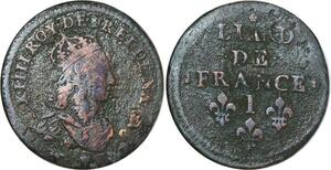 O8503 Rare France Fauté Liard 1715 Louis XIV incuse Fleur de Lys double Frappe