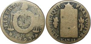 O8571 Rare France Convention 1/2 Sol Balances Louis XVI 1793 H La Rochelle ->Make offer