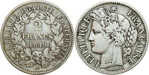 O8650 Rare France 2 Francs Cérès 1849 A Paris Argent ->Make offer