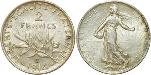 O8693 Rare France 2 Francs Semeuse 1914 C Castelsarrasin Argent Silver SUP+ ->M offre