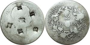 O8706 Inedit !! Unique France 2 Francs Napoléon 1806 A Paris contremarque M B Argent