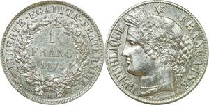 O8789 Rare France 1 Franc Cérès 1871 K Bordeaux Argent SUP +++ ->Make offer