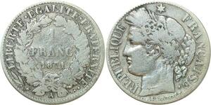 O8793 Rare France 1 Franc Cérès 1871 Grand A Paris Argent ->Make offer