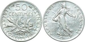 O8865 France 50 Centimes Semeuse 1909 Argent ->Make offer