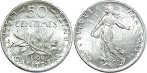 O8866 France 50 Centimes Semeuse 1908 Argent SPL->Make offer