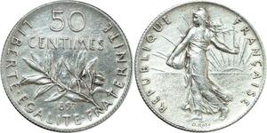 O8872 Rare France 50 Centimes Semeuse 1897 Argent Flan Mat SUP