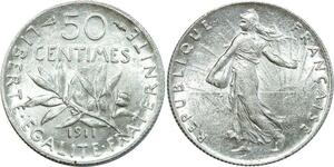O8873 Rare France 50 Centimes Semeuse 1911 Argent SPL PCGS MS62 SPL