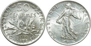 O8877 France 50 Centimes Semeuse 1910 Argent SPL ->Make offer
