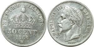 O8885 Rare France 50 Centimes Napoléon III 1866 BB Strasbourg Argent SUP