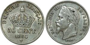 O8887 France 50 Centimes Napoléon III 1864 BB Strasbourg Argent Silver