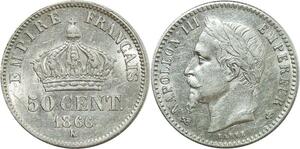 O8891 Rare France 50 Centimes Napoléon III 1866 K Bordeaux Argent Silver PCGS AU55
