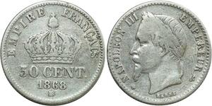 O8892 Rare France 50 Centimes Napoléon III 1868 BB Strasbourg Argent Silver