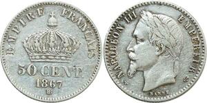 O8896 Rare France 50 Centimes Napoléon III 1867 BB Strasbourg Argent SUP
