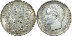 O8904 Rare France 50 Centimes Napoléon III 1856 BB Strasbourg Argent SPL