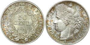 O8912 Rare France 50 Centimes Cérès 1871 K Bordeaux Argent PCGS UNC !!