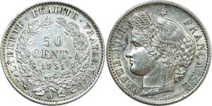 O8921 Rare France 50 Centimes Cérès 1851 A Paris Argent SUP ->Make offer