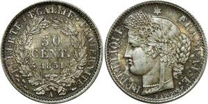 O8923 Très Rare France 50 Centimes Cérès 1851 A Paris Argent FDC PCGS MS65 !!!