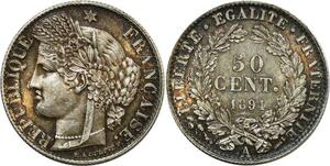 O8924 Rare France 50 Centimes Cérès 1881 A Paris Argent FDC ->Make offer