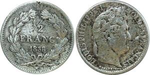 O8936 France Rare 1/2 Franc Louis-Philippe 1838 K Bordeaux Argent ->M offre