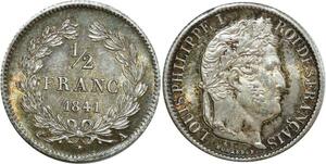 O8943 France Finest 1/2 Franc Louis-Philippe 1841 A Paris Argent PCGS MS62