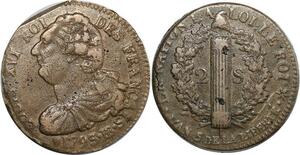 O8983 Rare France Constitution 2 Sols Louis XVI François An 5 1793 BB Strasbourg