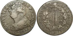 O8994 Rare France 2 Sols Louis XVI François 1793 R Orléans sans lettre atelier