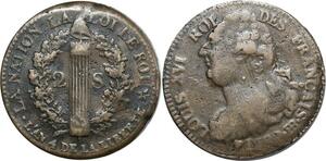 O9003 Rare France Constitution 2 Sols Louis XVI Francais An 4 1792 BB Strasbourg