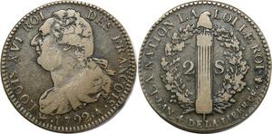 O9007 Rare France Constitution 2 Sols Louis XVI François An 4 1792 A Paris Qualité !!