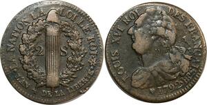 O9013 Rare France 2 Sols Louis XVI Francais An 4 1792 BB Strasbourg incuse TTB+