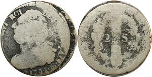 O9031 France Rare Fauté 2 Sols Louis XVI Francais 1792 BB Strasbourg décentrée