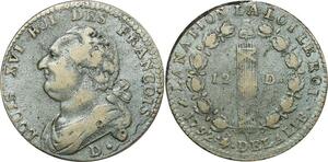 O9053 Rare France 12 Deniers Louis XVI François An 4 1792 D. Dijon Qualité !!!