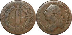 O9079 Rare France double Frappe 12 Deniers Louis XVI François 1793 B Rouen