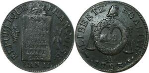 O9134 France Convention Un Sol aux balances Louis XVI Françoise An II 1793 AA Metz TTB+/SUP